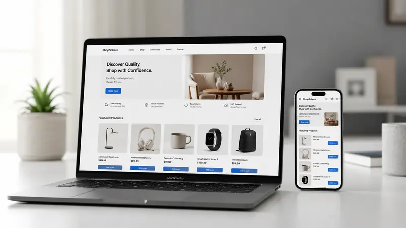 Boutique en ligne professionnelle affichée sur ordinateur et mobile, création e-commerce pour artisans et commerçants dans le Sud de la France