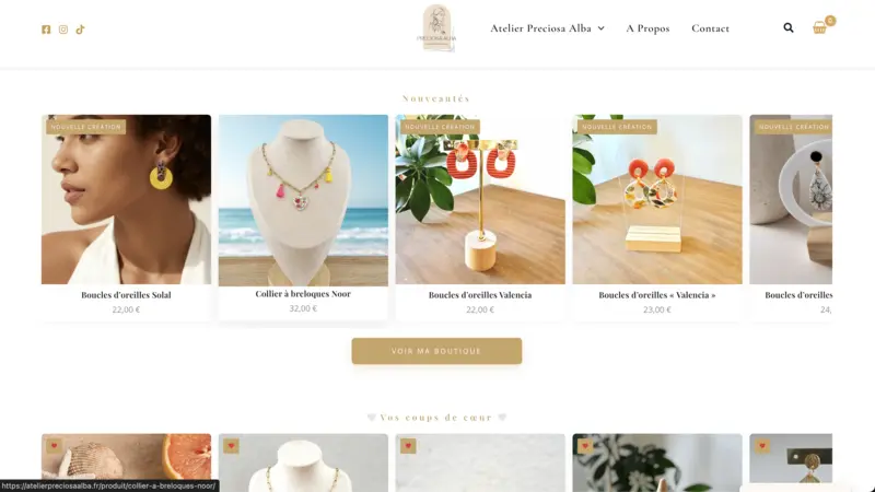 Capture du site Atelier Preciosa Alba, boutique en ligne artisanale
