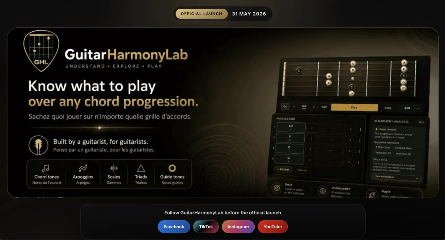 GuitarHarmonyLab, plateforme SaaS musicale bilingue pour guitaristes