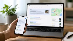 Comment votre entreprise locale peut apparaitre dans les reponses IA de Google en 2026 Recherche Google avec aperçu IA affichée sur ordinateur et smartphone pour illustrer le référencement d’une entreprise locale en 2026.